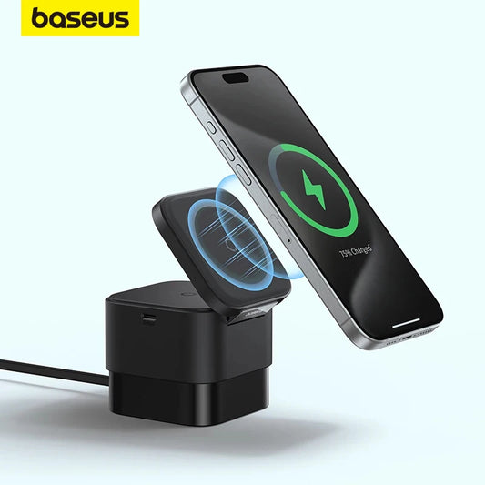 Baseus 2 in 1 Cube Magnetic Wireless Charger Macsafe Portable Fast Charging With Retractable Cable For iPhone 15 14 Pro Airpods